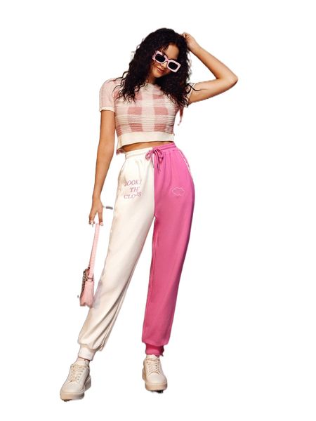 

x cloud by clau slogan graphic two tone joggers l714#, Black;white