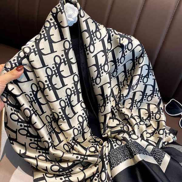 

8u8i new high-end fashion silk scarf female solid color big d letter mulberry sunscreen shawl, Blue;gray