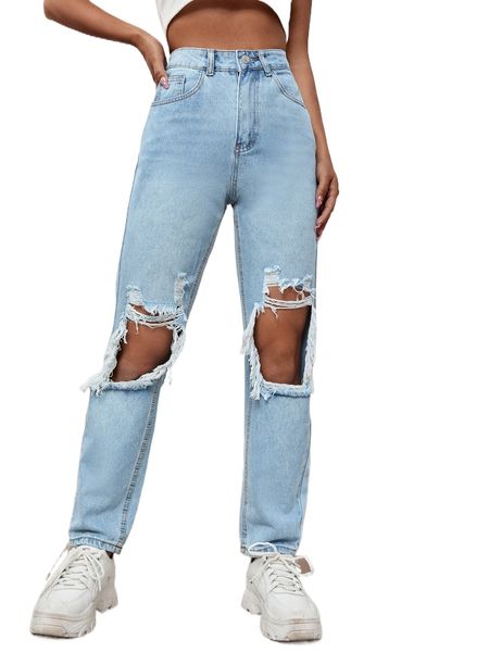 

high waist ripped cut out straight leg jeans p162#, Blue