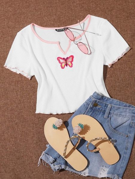 

notch neck lettuce trim butterfly patched crop q68z#, White