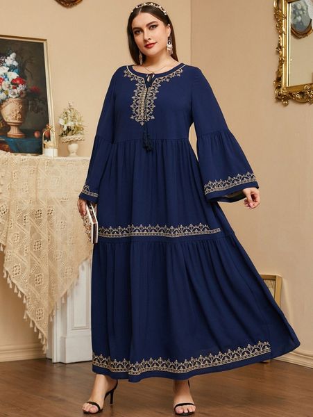 

plus geo embroidery tassel tie neck flounce sleeve ruffle hem dress f2df#, Black
