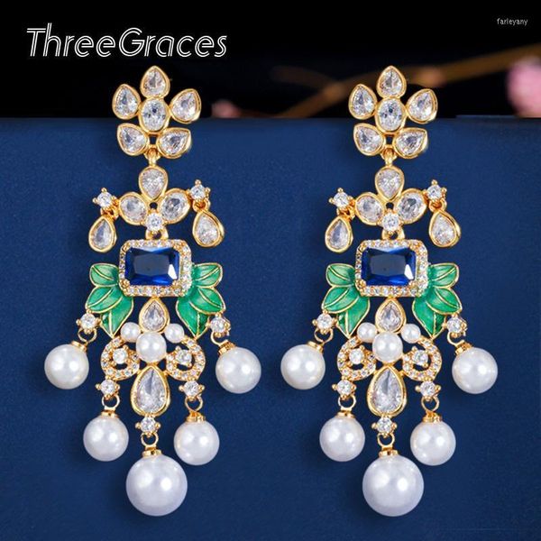 Ciondola il lampadario ThreeGraces Pearl Flower Leaf Royal Blue Cubic Zirconia Orecchini lunghi per le donne Gioielli da sposa in oro Dubai africano ER375D