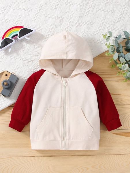

baby color block raglan sleeve zipper up hoodie she, Black