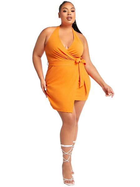 

sxy plus tie side wrap halter dress 48pc#, Black