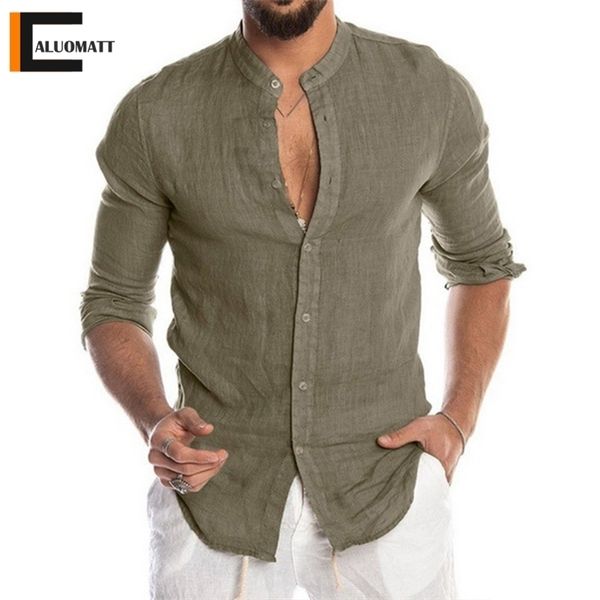 

linen men's shirts long sleeve casual slim men simple design solid colors stand collar blouse loose handsome tee 220323, White;black