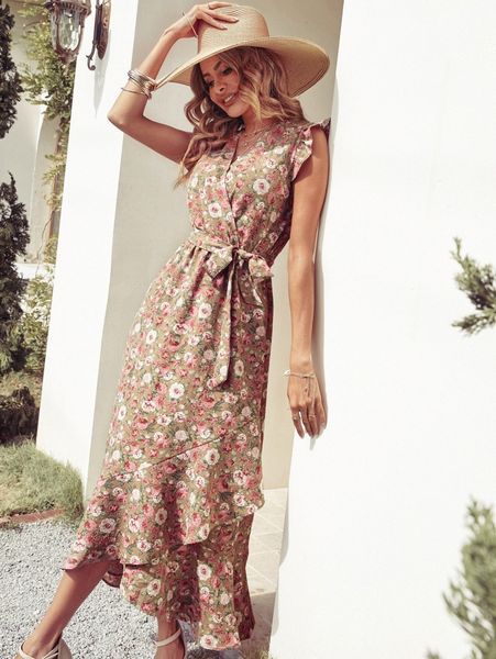

allover floral print ruffle wrap hem belted dress g77q#, Black;gray