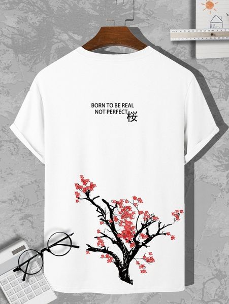 

men tree & japanese letter graphic tee 25ry#, White;black