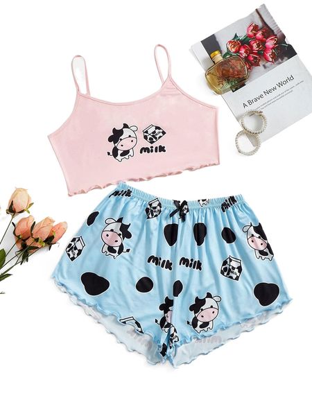 

cartoon & letter print lettuce trim pajama set p6pv#, Black;red