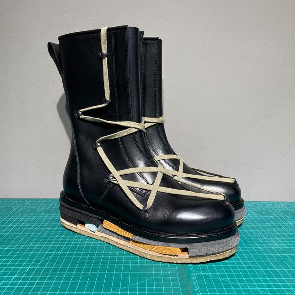 

exclusive building block stitching leather outsole boots designer luxury pentagram cowhide combat booties, Black
