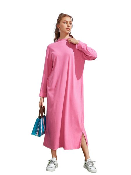 

mock neck drop shoulder slit hem tee dress a2ul#, Black;gray