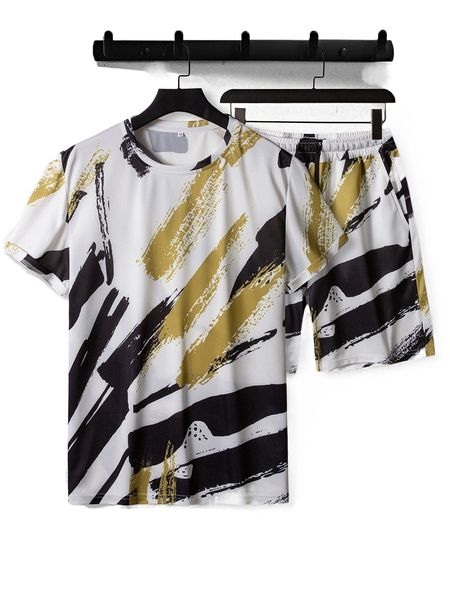 

men brush print tee & shorts l1hl#, Gray