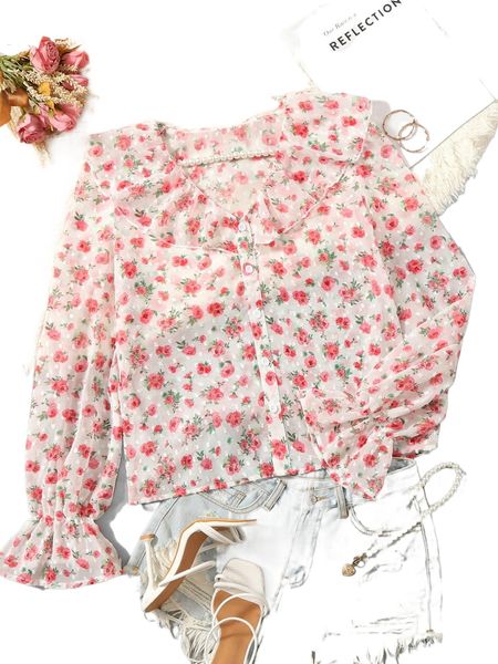 

ditsy floral print ruffle trim flounce sleeve blouse c5hg#, White