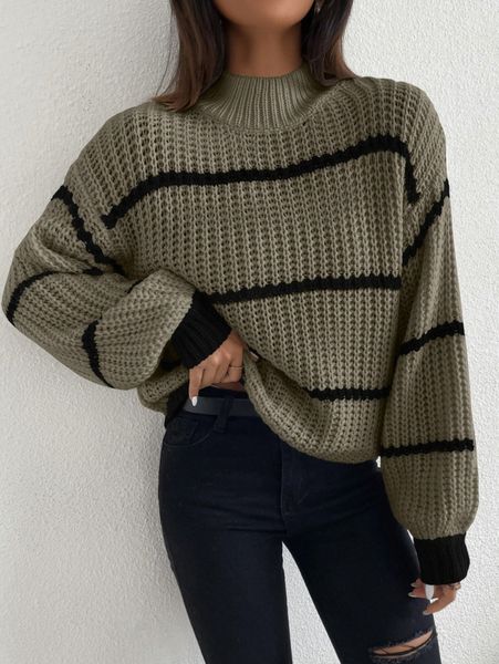 

striped mock neck drop shoulder sweater 70m5#, White;black