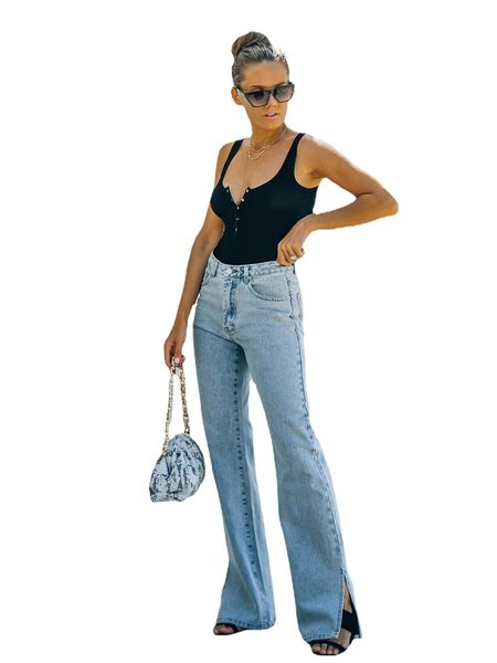 

casual pants, split wash jeans, medium waist straight pants, fashion, slim temperament, design trend, Blue