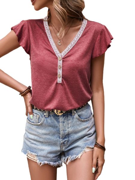 

lace trim b.utton f.ront b.utterfly s.leeve tee f8jr#, White