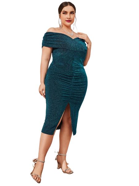 

plus off shoulder ruched split thigh metallic formal dress j4ni#, Black