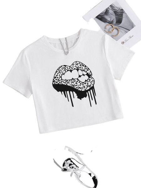 

lip print crop tee r100#, White