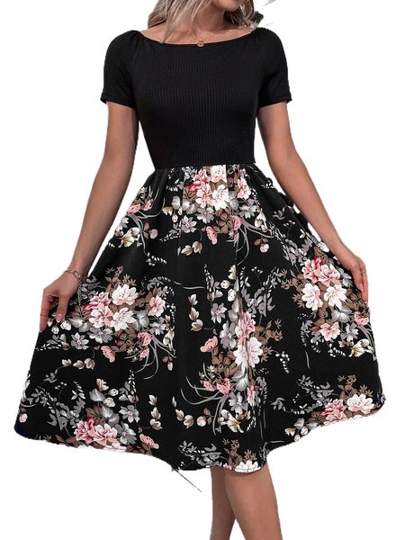 

floral print flare hem dress 748s#, Black;gray