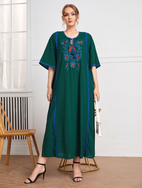 

plus embroidered floral tassel detailing maxi dress p8sy#, Black