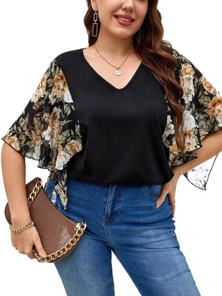 

sxy plus contrast floral butterfly sleeve m2o0#, Black