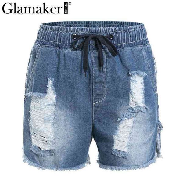 

glamaker denim lace up hole shorts women high waist pocket spring jeans shorts female summer streetwear party casual shorts 210414, White;black