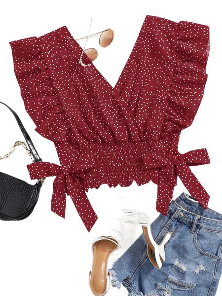 

plus ruffle trim knot side polka dot blouse e2co#, Black