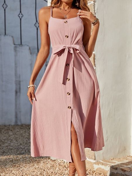 

button front belted cami dress d8ib#, Black;gray