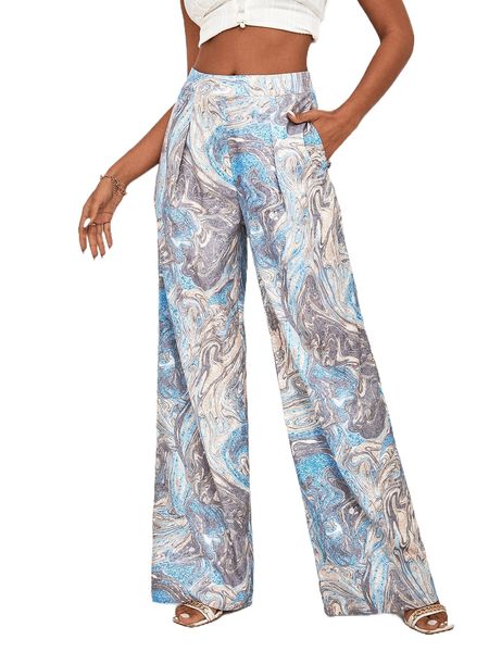 

random marble print wide leg pants a8cw#, Black;white