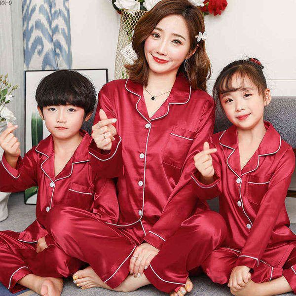 

baby's pajamas set spring summer long sleeve children's sleepwear set mom son and daughter soild satin family matching outfits aa2, Red;yellow