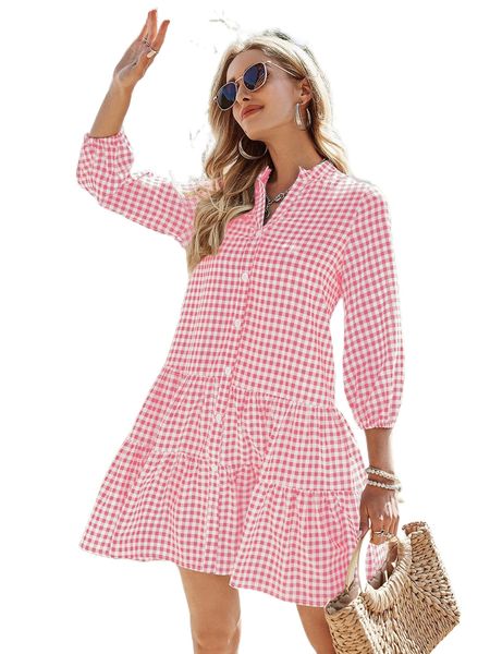 

gingham notch neck ruffle hem dress 29dd#, Black;gray