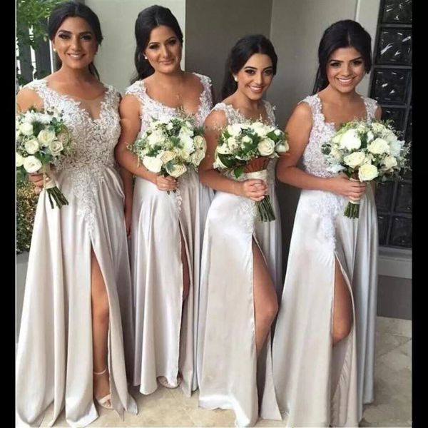 

light champagne bridesmaid dresses 2022 scoop neck a line lace applique side slit pleats floor length maid of honor gown country vestidos, White;pink