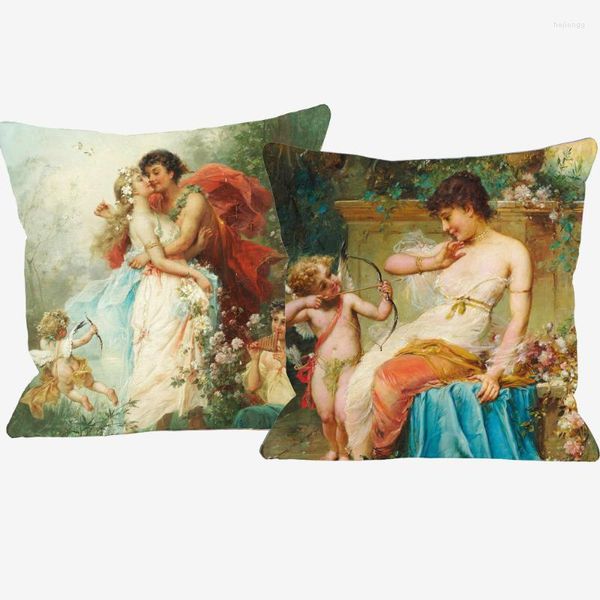 Almofada almofada/travesseiro decorativo hans zatzka pinturas famosas capas a carta de amor letra senhora bela mulher cupido anjo impressão