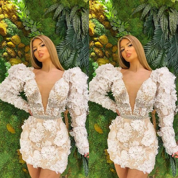 

mini illusion mermaid evening dresses sheer neck long sleeve 3d flowers prom dress pageant gown custom made, Black