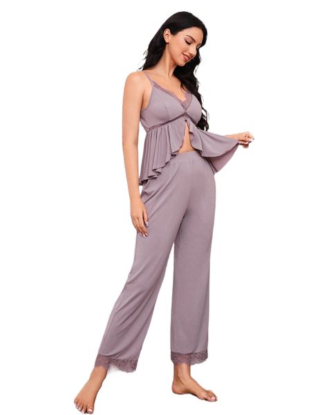 

contrast lace asymmetrical ruffle hem cami & pants pj set r60i#, Black;red