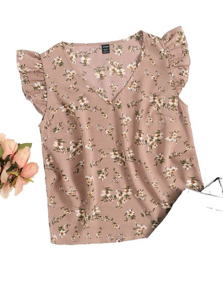 

allover floral print butterfly sleeve blouse g7pj#, White