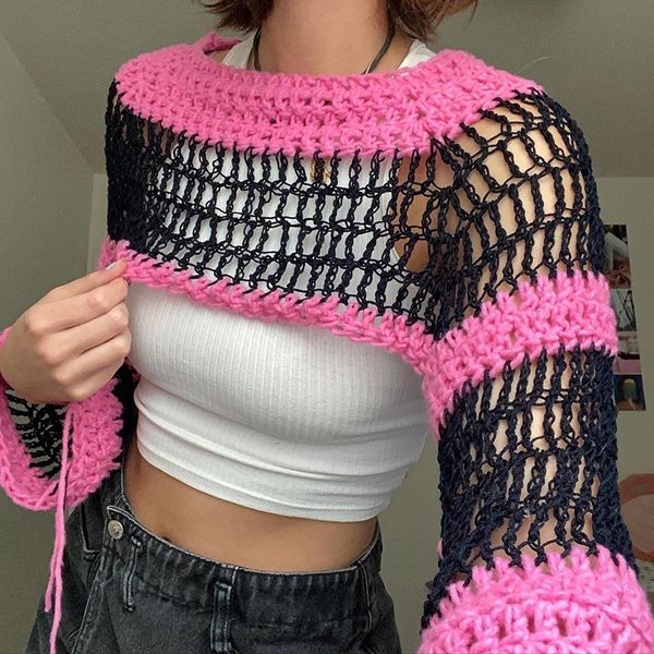 

y2k cropped knit sweater striped long sleeve vintage 90s pullovers fall fashion women clothing, White;black