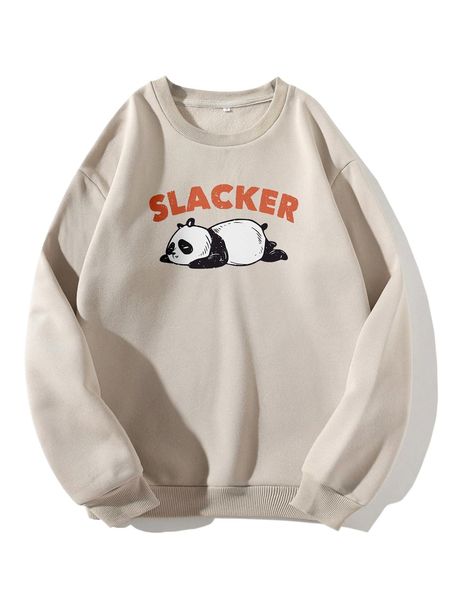 

panda & letter graphic thermal lined sweatshirt l5bk#, Black