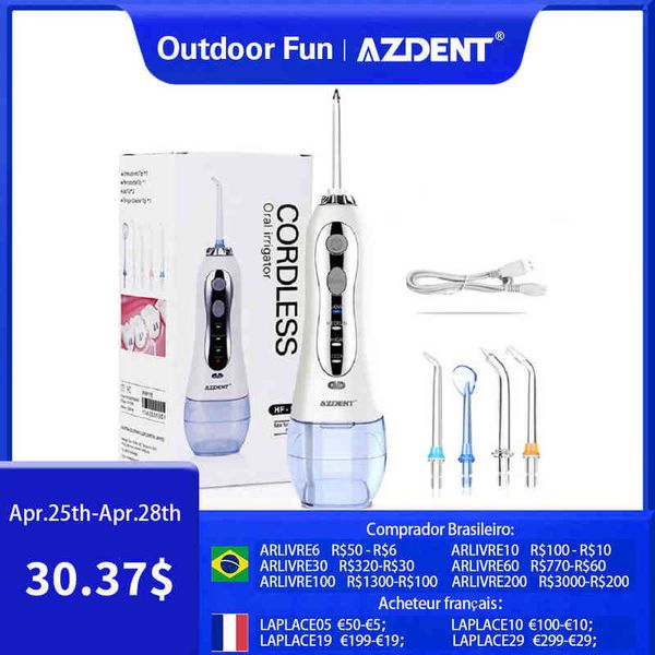 AZDENT HF-5 Reise-Munddusche, wiederaufladbar, wasserdicht, 300 ml, 3 Wassermodi, Zahnseide, 5 oder 10 Sprühdüsen, Zahnreiniger 220510