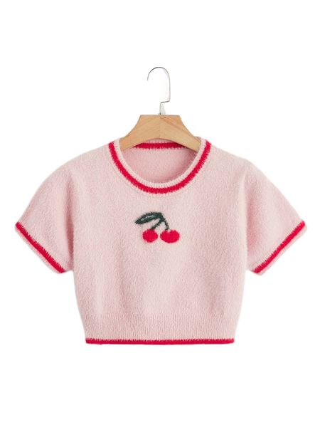 

plus cherry pattern striped trim fluffy knit g1md#, Black