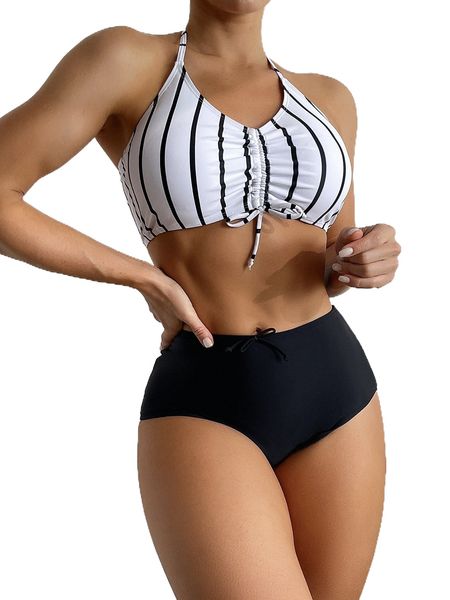 

striped drawstring bikini swimsuit o7cr#, White;black