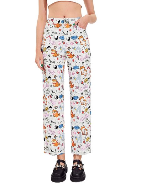 

cartoon & letter graphic straight leg pants f78t#, Black;white