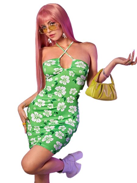 

floral print crisscross tie back bodycon dress b2uh#, Black;gray