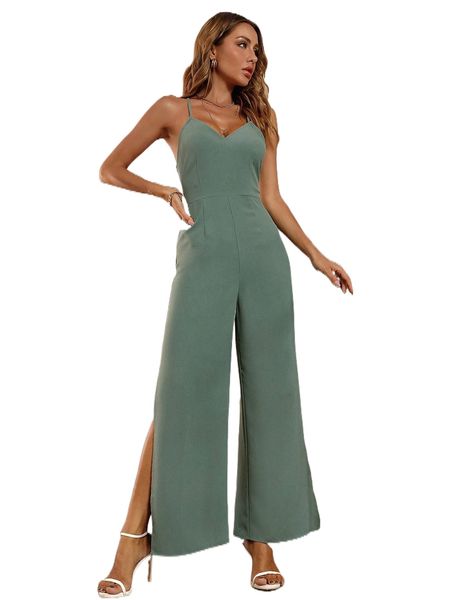 

crisscross backless split hem cami jumpsuit 8652#, Black;white