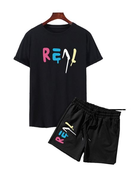 

men letter graphic tee & drawstring waist shorts l7fq#, Gray