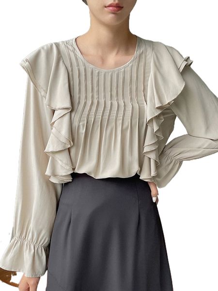 

dazy ruffle trim flounce sleeve blouse w845#, White