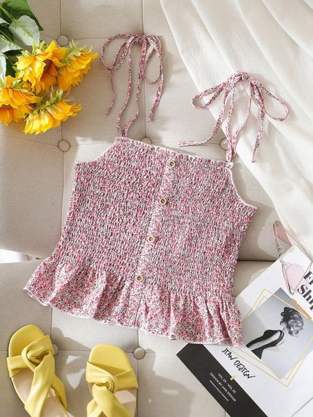 

ditsy floral shirred ruffle hem cami y8cx#, White