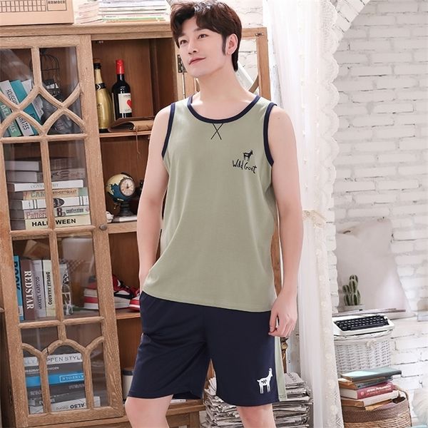

new summer men pyjamas vest male pajama set men pure full cotton pajamas for men sleepwear suit homewear plus size l-xxxxl t200813, Black;brown