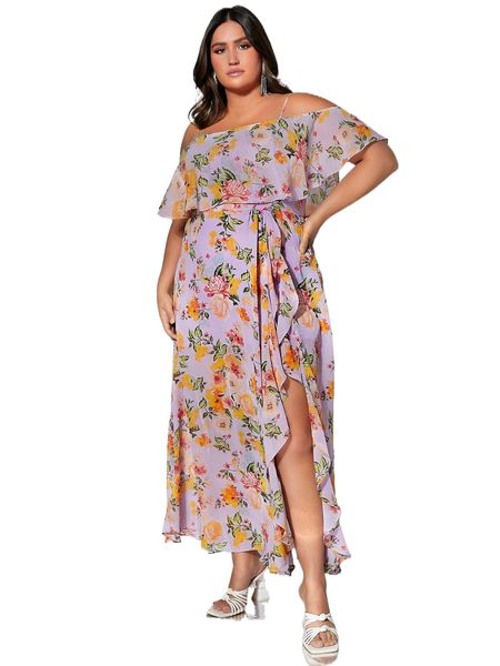 

plus floral print cold shoulder ruffle trim split thigh belted dress q5ua#, Black