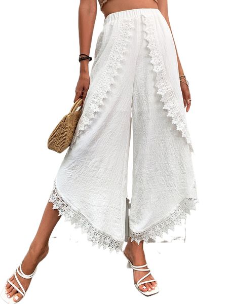 

guipure lace panel wrap wide leg pants i7lr#, Black;white