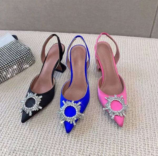 

amina muaddi satin sandals 9.5cm comfortable goblet heel rhinestone sunflower buckle decorate women shoes leather bottom banquet sho dress s, Black